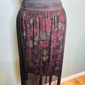 Potter's Pot Black Pleated A-Line Goth Floral Black Veil Midi Skirt